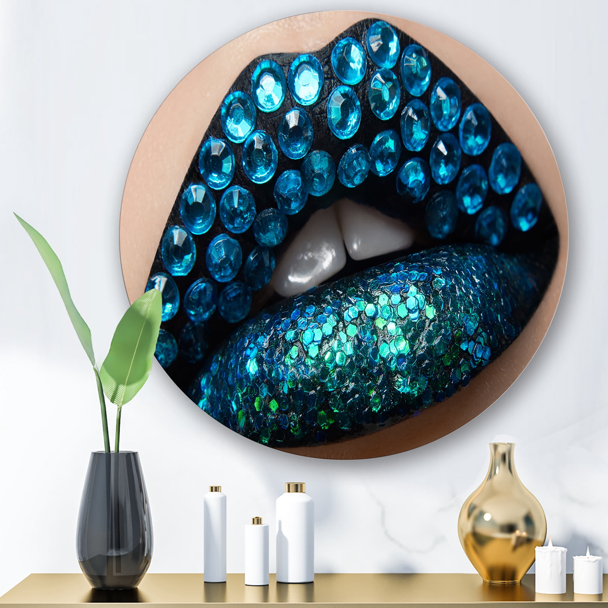 Designart 'Woman Lips With Black Lipstick Blue Diamonds' Modern Circle Metal Wall Art 11x11 - Disc of 11