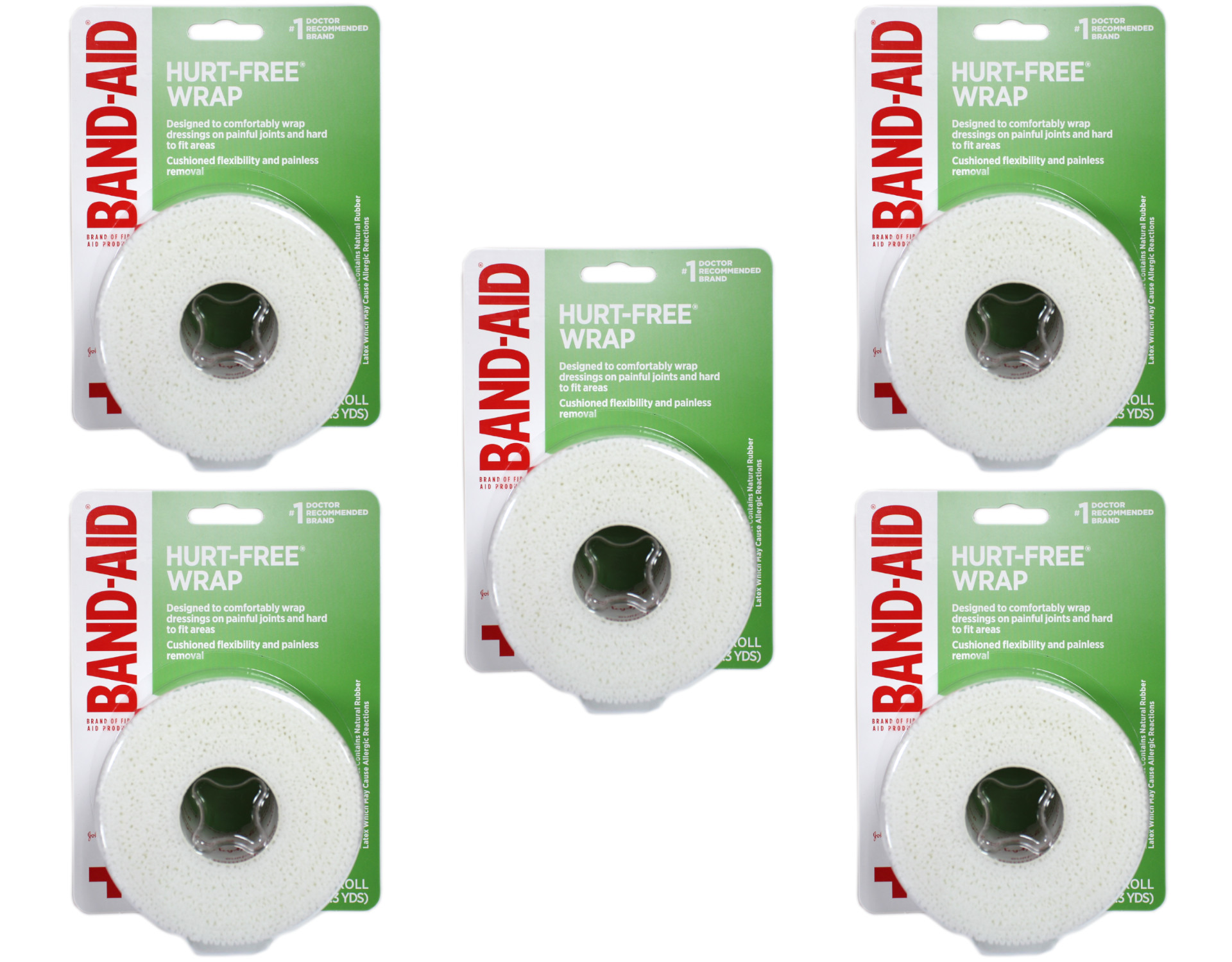 5 Pack BANDAID First Aid HurtFree Wrap, Medium 2 inch X 2.3 Yards Each