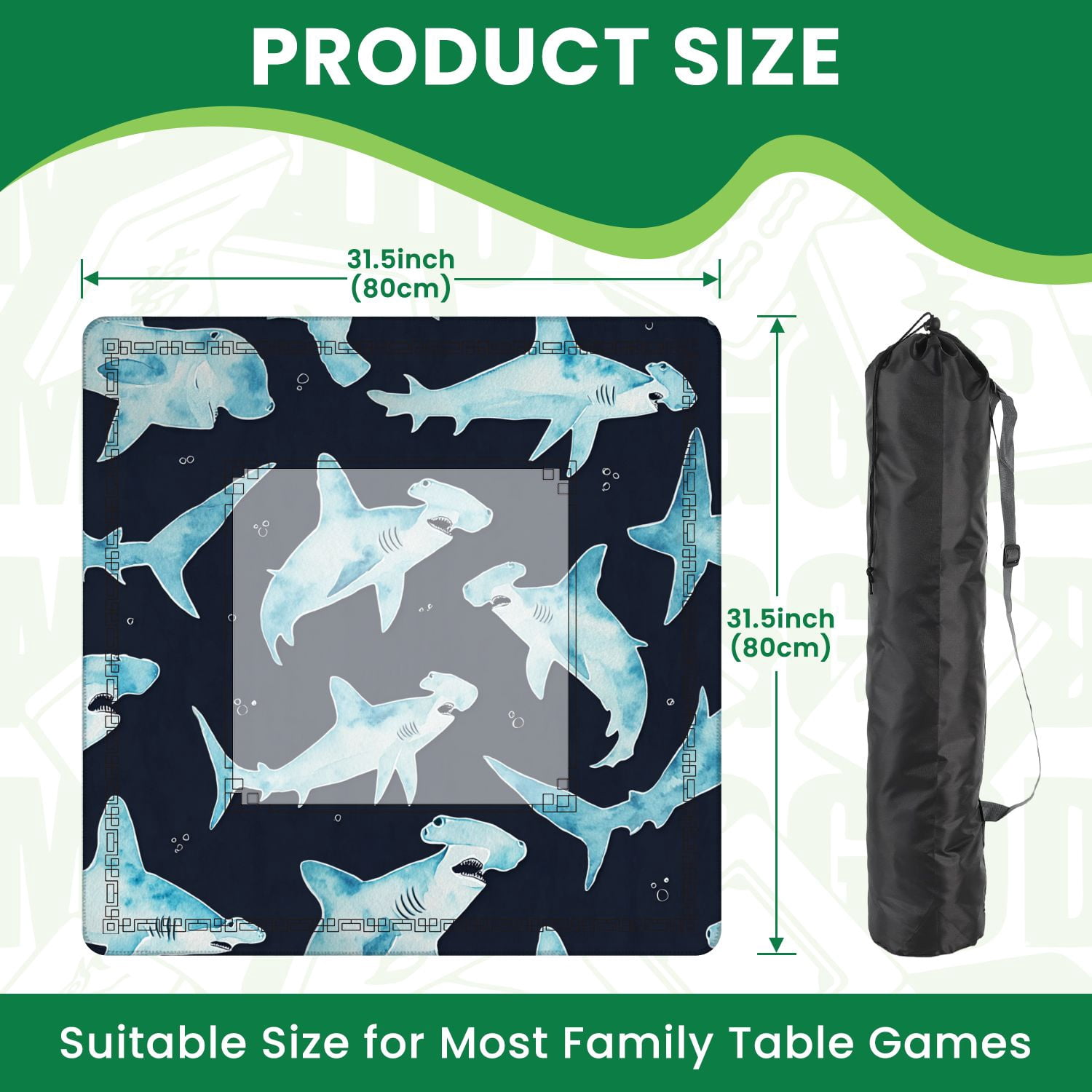 Mahjong Mat 31.5" x 31.5" Seamless watercolor hammerhead shark Non-Slip Noise Reduction American Mahjong Tiles Table Cover for Dominoes Poker Card Board Games Gift