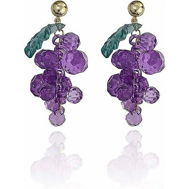 Unique Cute Creative Fruits Dangle Drop Earrings Transparent Sparkly Crystal Purple Grape Earring match Green Leaf for Women Girls Statement Beach Hol