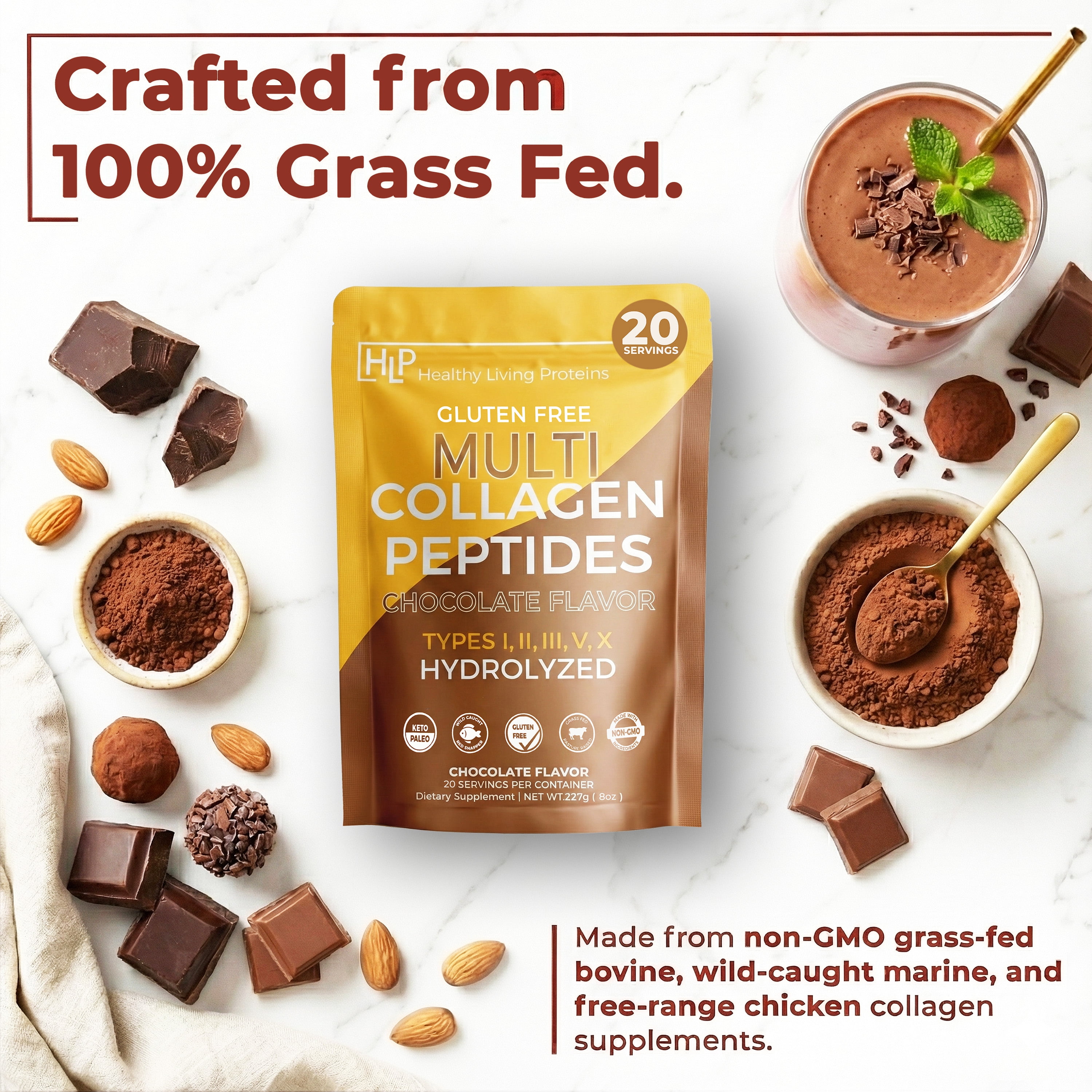 Healthy Living Proteins | Multi Hydrolyzed Collagen Peptides Type I, II, III, V, & X | Grass Fed Bovine, Wild Caught Marine, Free Range Chicken | Gluten Free (Chocolate, 8 oz)
