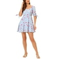 thumbnail image 2 of Allegra K Women's Floral Sweetheart Neck Puff Sleeve Fit and Flare A-Line Mini Dress, 2 of 4