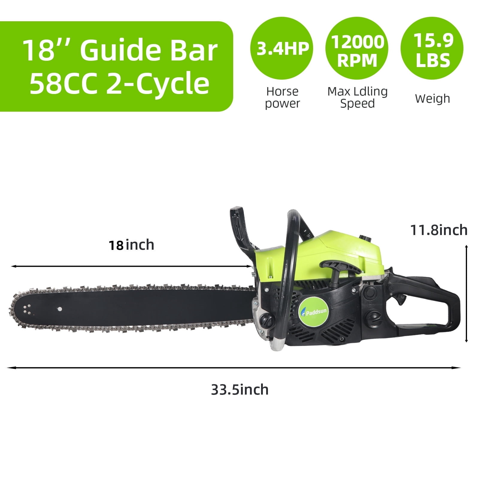 Paddsun 58CC Gas Chainsaw, 18 in Bars Automatic Chain Oiler Quick Start Gasoline Chain Saws for Wood Cutting Chainsaw