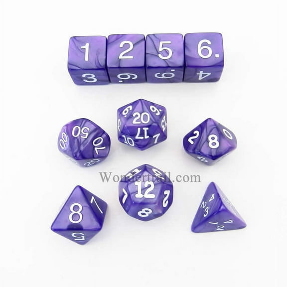 Purple Pearlized Dice with White Numbers 16mm (5/8in) Set of 10 Koplow Games