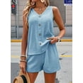 thumbnail image 4 of Women'S Casual 2 Piece Outfits V-Neck Pullover High Waisted Shorts Set Breathable Solid Color Tracksuit Light Blue XXL, 4 of 7