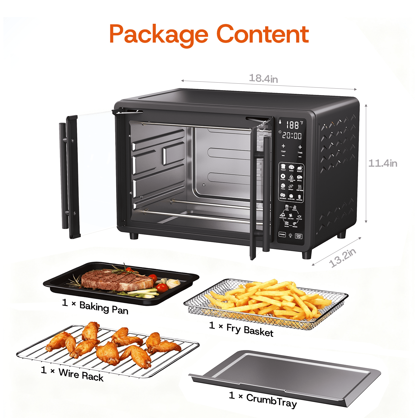 25 QT French Door Air Fryer Toaster Oven Combo, Bake, Broil, Roast, 19 Cooking Functions and Digital Controls, NTC Precise Temp Control, 1700W Heating