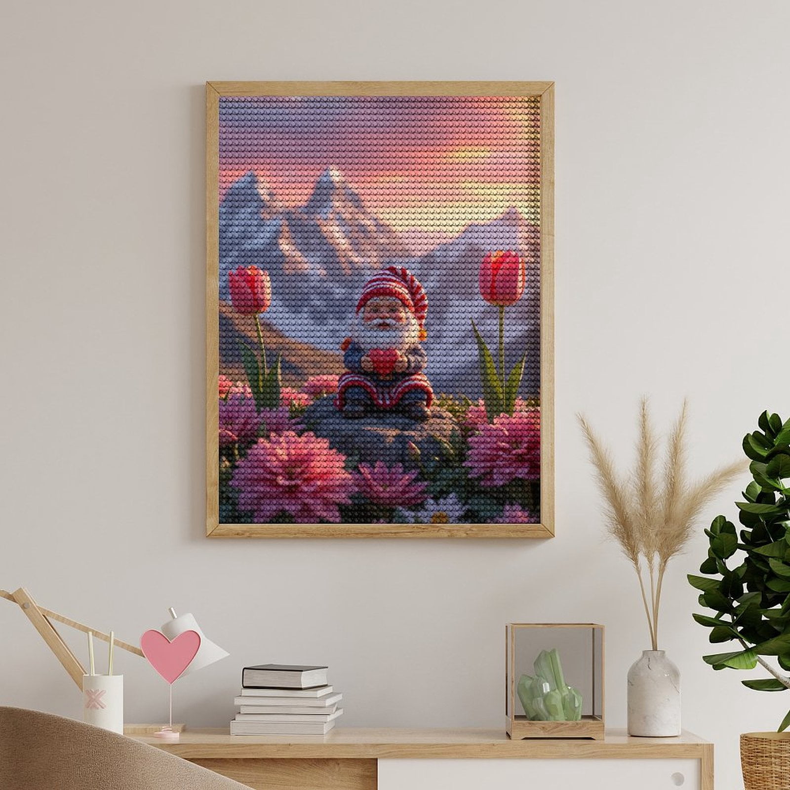 Diamond Art Kit for Adults, Gnome On Rock With Heart Flowers Diamond Painting for Adults Beginners, 5D DIY Diamond Art Painting Kits, Colorful Diamond Painting Craft for Home Decor 12x16