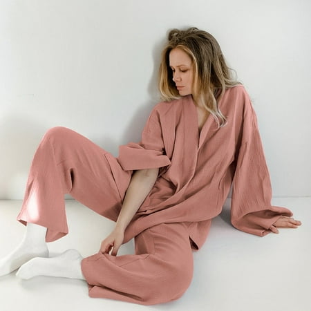 

Kimono Pajamas 2023 New 100% Cotton Crepe Long-Sleeved Trousers Ladies Sleepwear Suit Women s Home Service Mujer