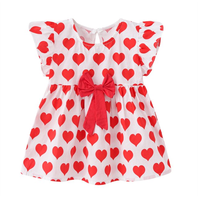 Coerni Robe Imprimée Cœur Mignonne pour Filles Été Manches Courtes à Volants Robe de Fête d'Anniversaire Col Rond Robe Décontractée avec Nœud