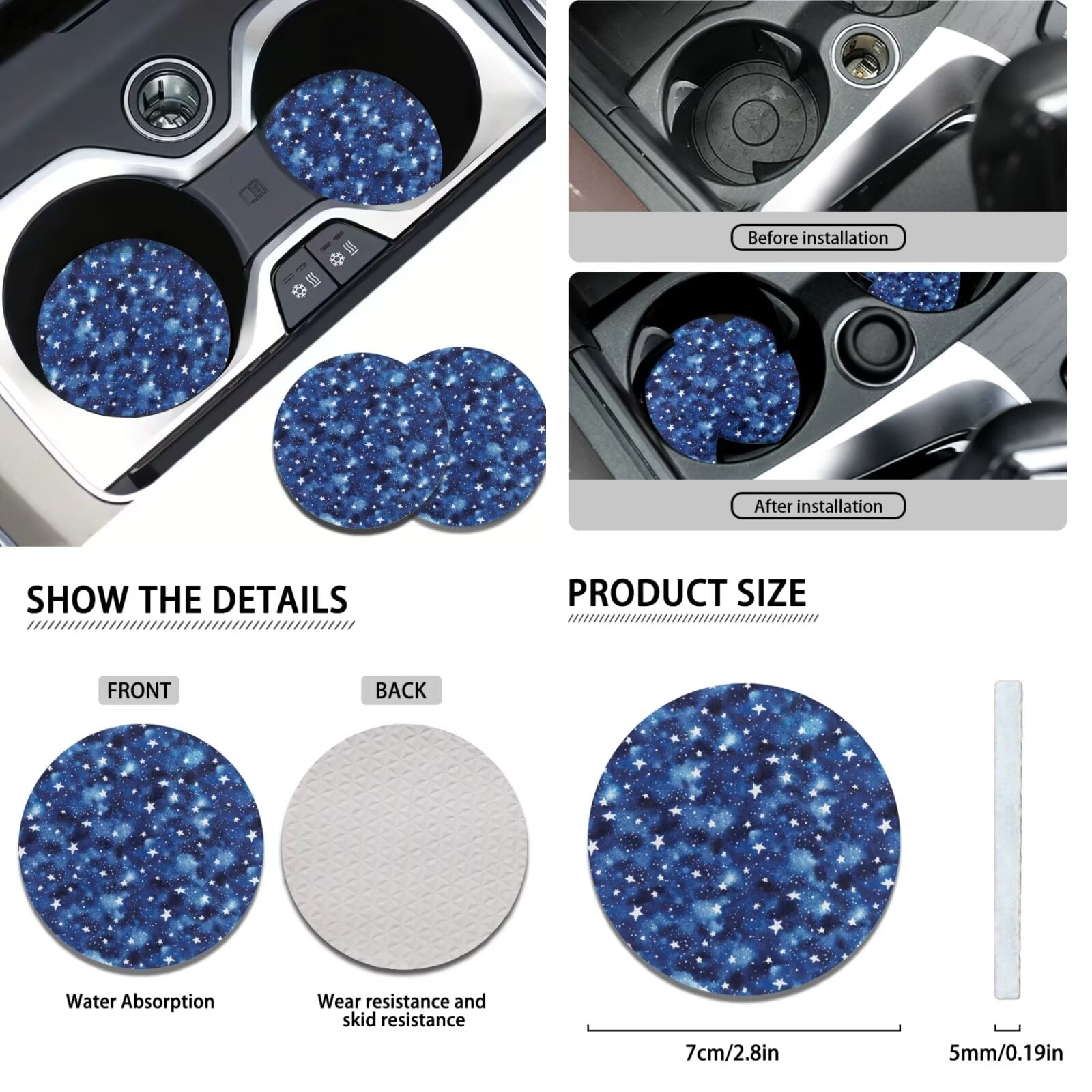 Garronmavis Blue Galaxy Star 11 PCS Car Seat Covers Full Set for Women Men Steering Wheel Cover Gear Shift Cover Handbrake Cover Headrest Cover Cup Coasters Automotive Interior Universal