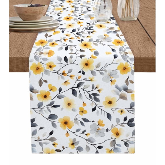 Yellow Floral Spring Table Runner 72 Inches, Gray Botanical Summer Pastoral Bed Runner Dresser Scarves Tabletop for Indoor Outdoor Parties/Ceremony/Banquet, 14" x 72"