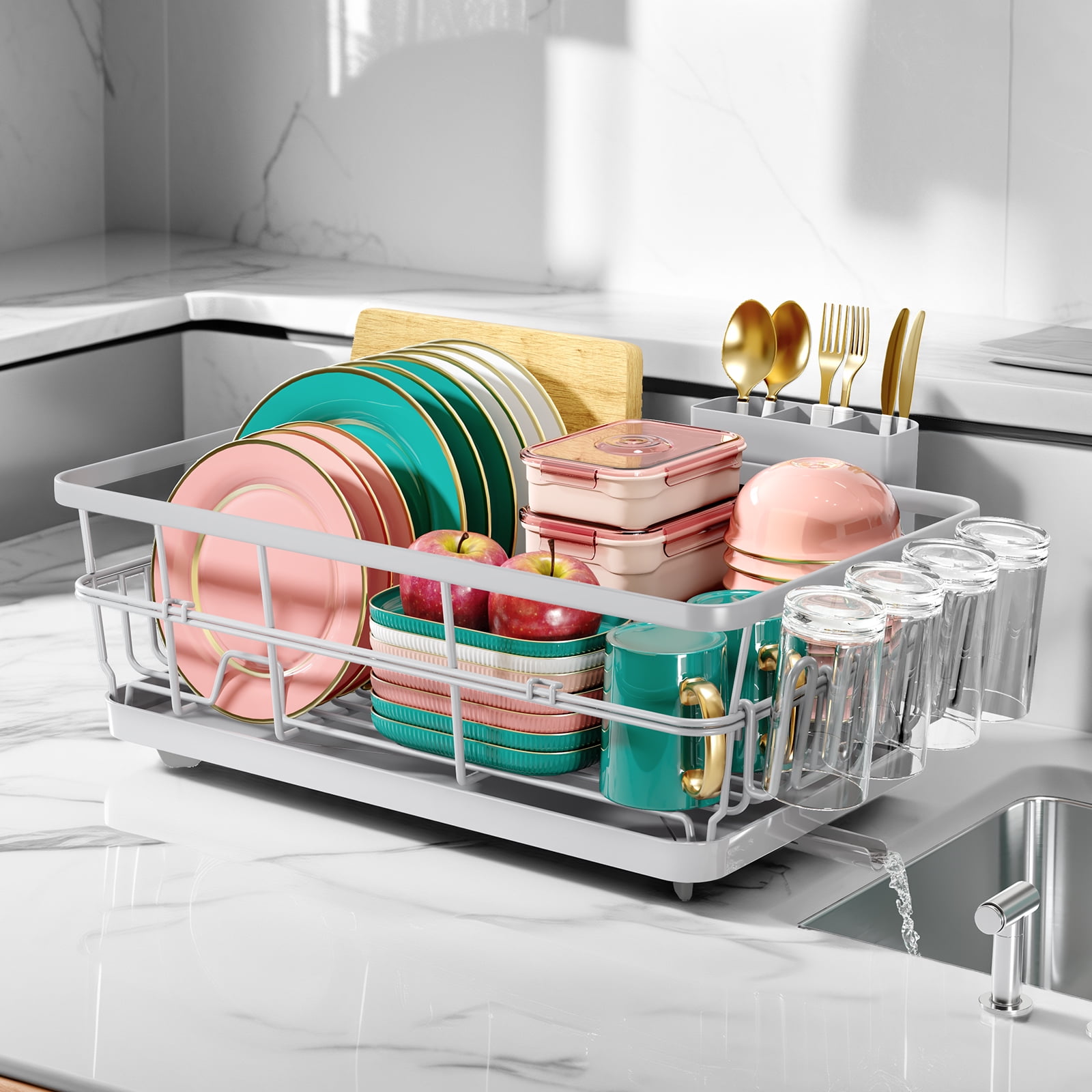BEHERZT Large Stainless Steel Dish Drying Racks with Drainboard,Countertop Dish Drainer Rack,Kitchen Sink Dish Rack,Gray
