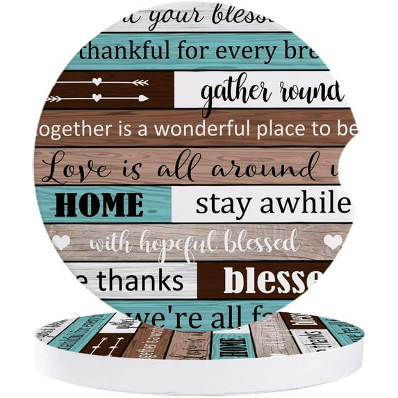 FMSHPON Positive Energy Text Colorful Rustic Wooden Grain Set of 6 Car Coaster for Drinks, Absorbent Ceramic Stone Coasters Cup Mat with Cork Base for Home Kitchen Room Coffee Table Bar Decor