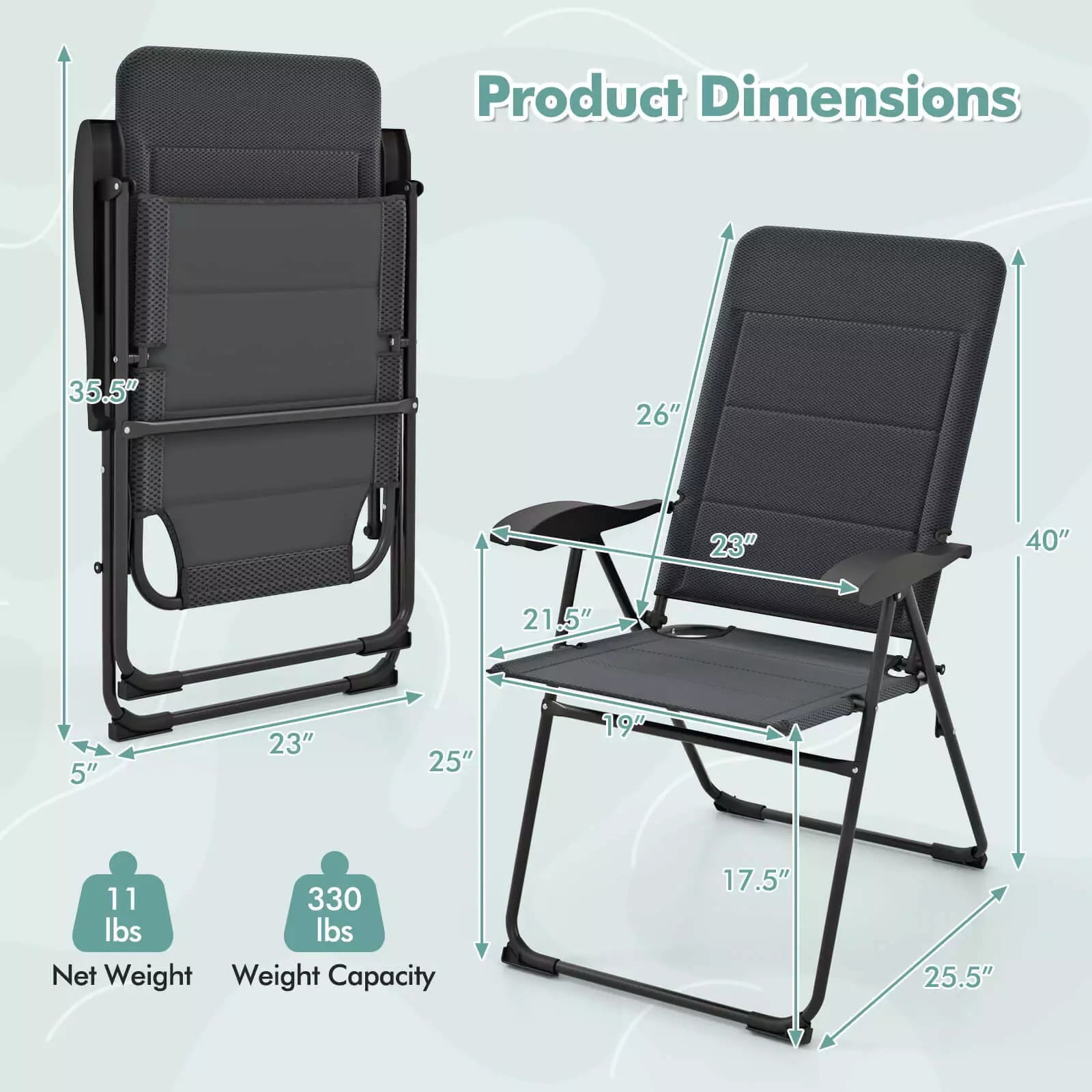 Auranook 2PCS Patio Folding Chairs Back Adjustable Reclining Padded Garden Furniture