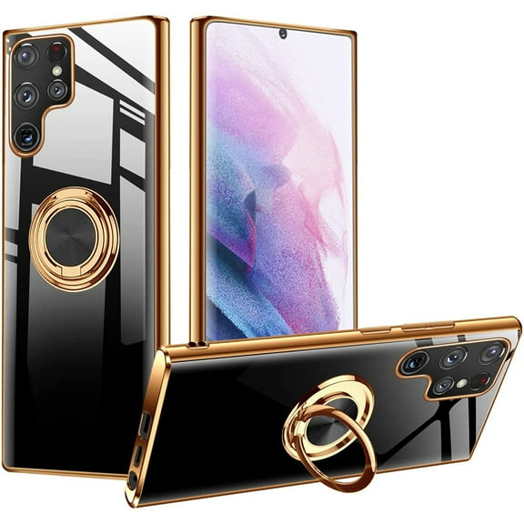 Compatible with Samsung Galaxy S22 Ultra Case with Ring Stand Slim Thin TPU Silicone Shockproof Anti-Yellowing Protective Phone Case For Samsung Galaxy S22 Ultra 2022 Support Magnetic Car Mount,Black