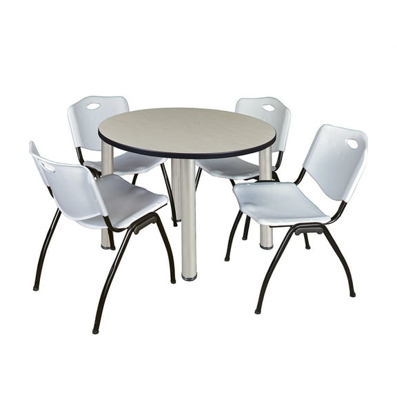 Regency Kee 36" Round Breakroom Table- Maple/ Chrome & 4 'M' Stack Chairs- Grey