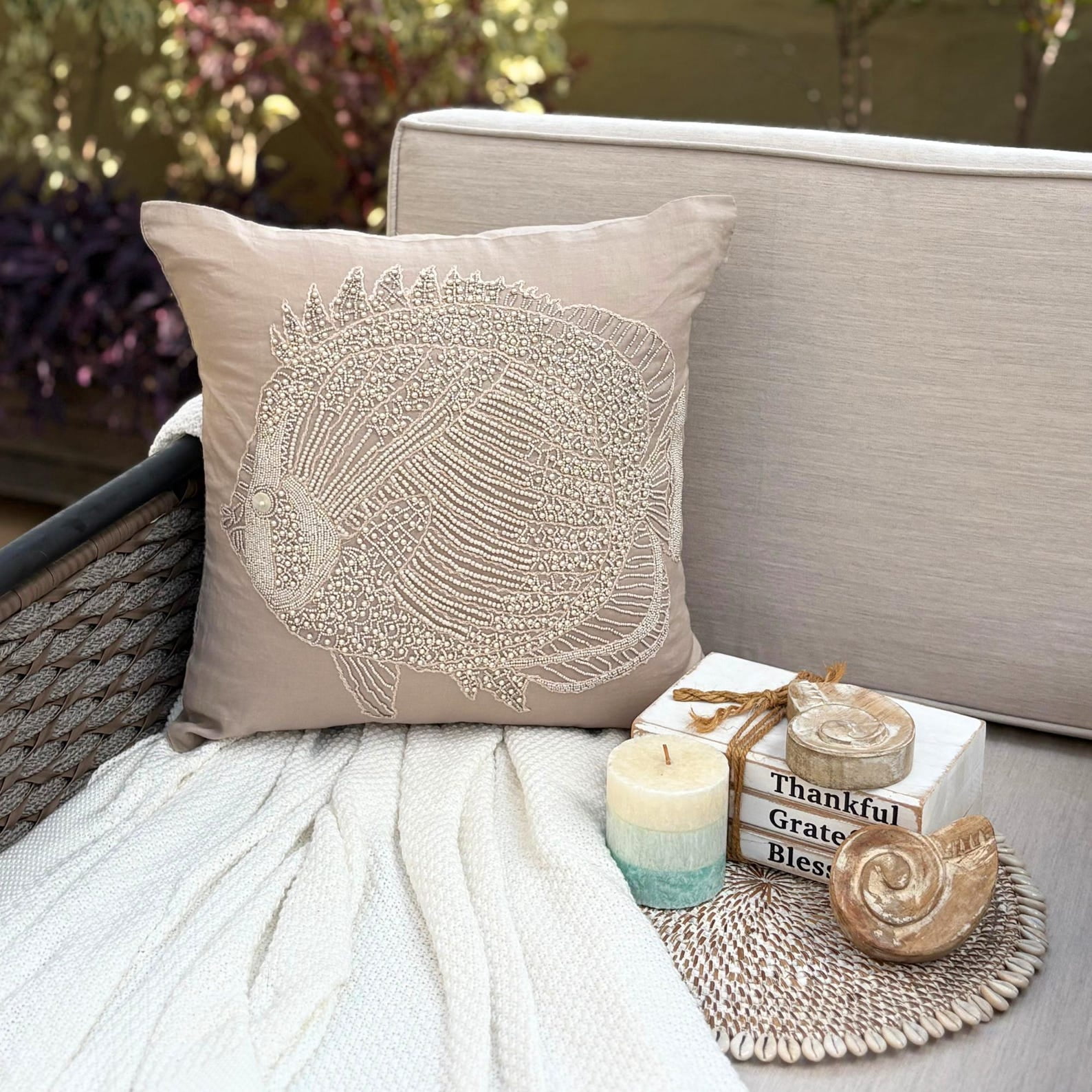 22x22 inch (55x55 cm) Throw Pillow Cover, Mocha Pillow case, Beaded Fish Sea Creatures Ocean Beach Pillow Cover, Cotton Linen Square Pillowcase, Floral Mediterranean - Butterfly Fish