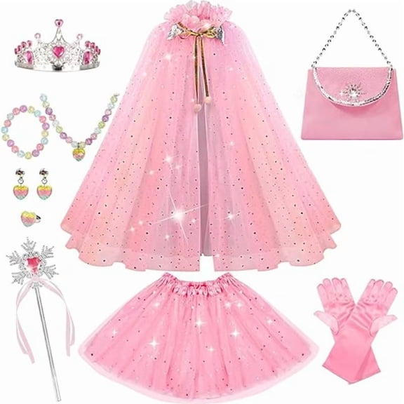 【Uhome】Princess Dress up Clothes for Little Girl, 11Pcs Princess Cape with Crown, Princess Dresses for Girl 3-8 Birthday Gift