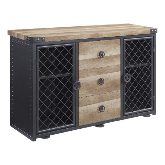 Benjara Ada 50" Wood Sideboard Buffet Cabinet-3 Drawer-Mesh Doors-Nailhead-Oak