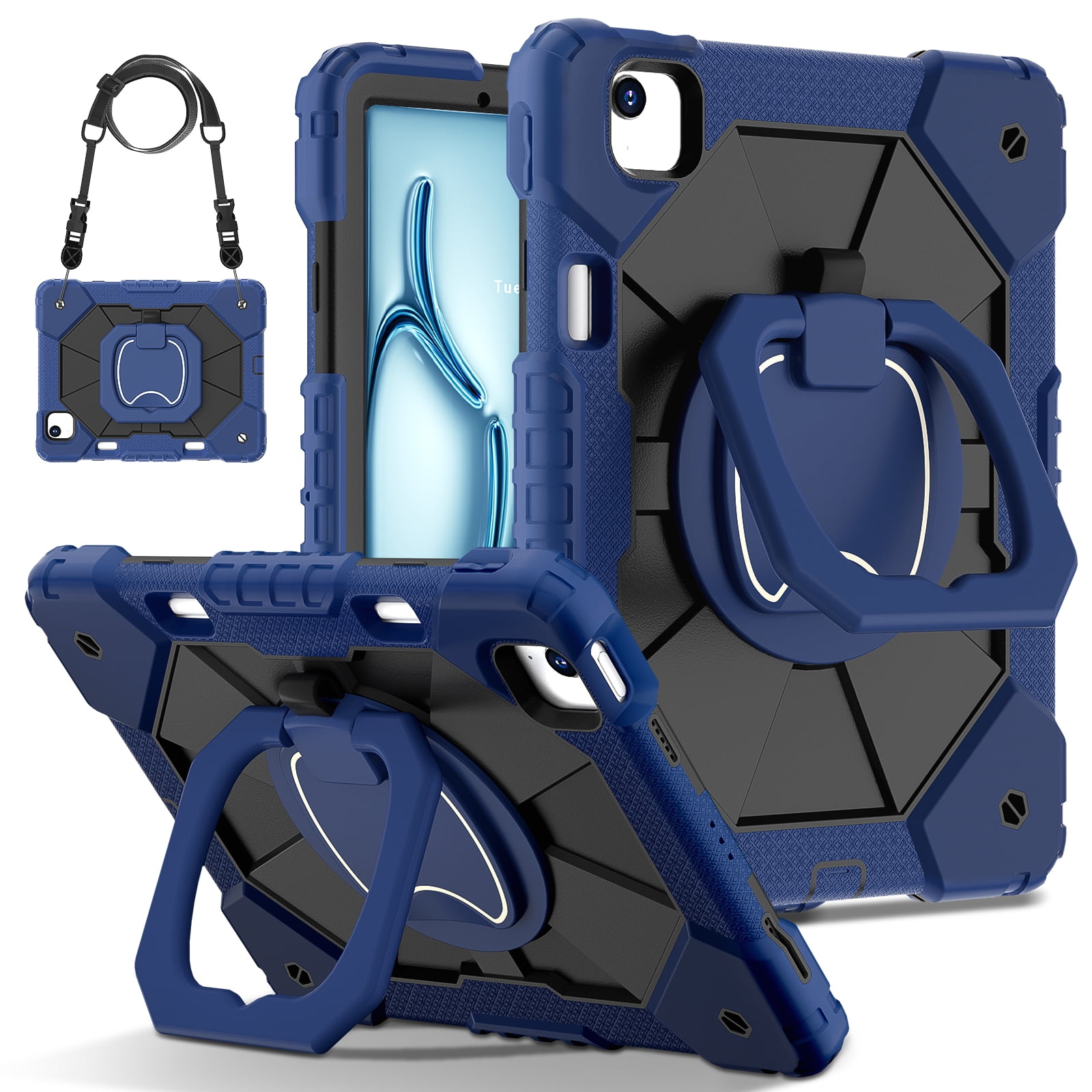 Dteck with Pencil Holder Case for iPad Air 13 inch 2025/2024,Heavy Duty Silicone Case 360 Degree Rotating Handle Stand Cover with Shoulder Strap for iPad Air 13-in. M3/M2,Navy+Black