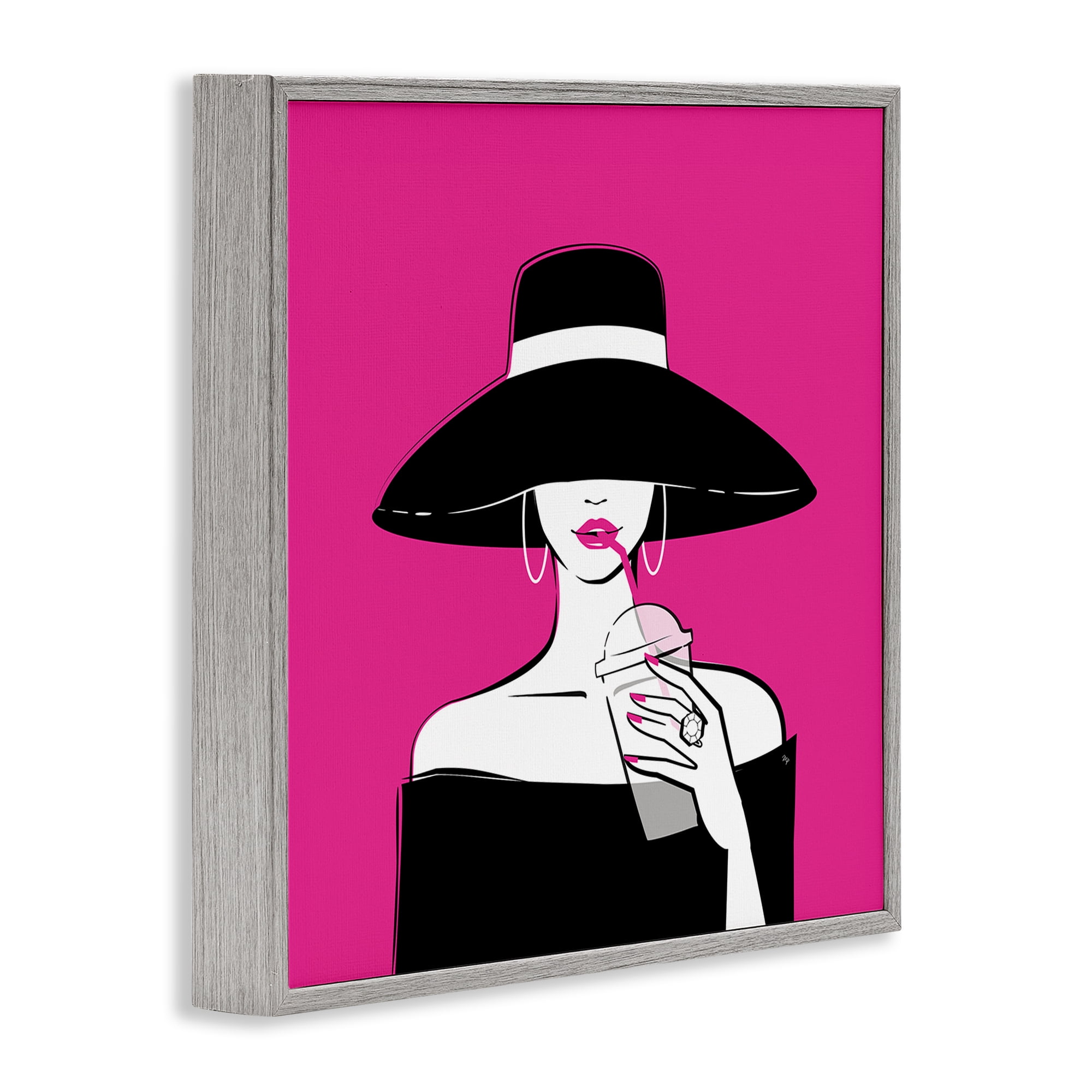 Stupell Industries Black Hat Glamourous Woman Gray Framed Giclee Art, design by Martina Pavlova