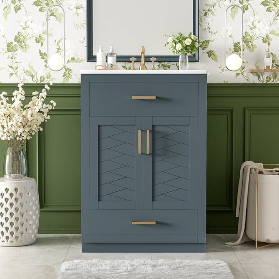 Euroco 24" Bathroom Vanity with Integrated Ceramic Sink, Bathroom Cabinet with 2 Doors, 1 Tip-out Drawer, Single Sink Bathroom Vanity for Small and Medium Restroom, Blue