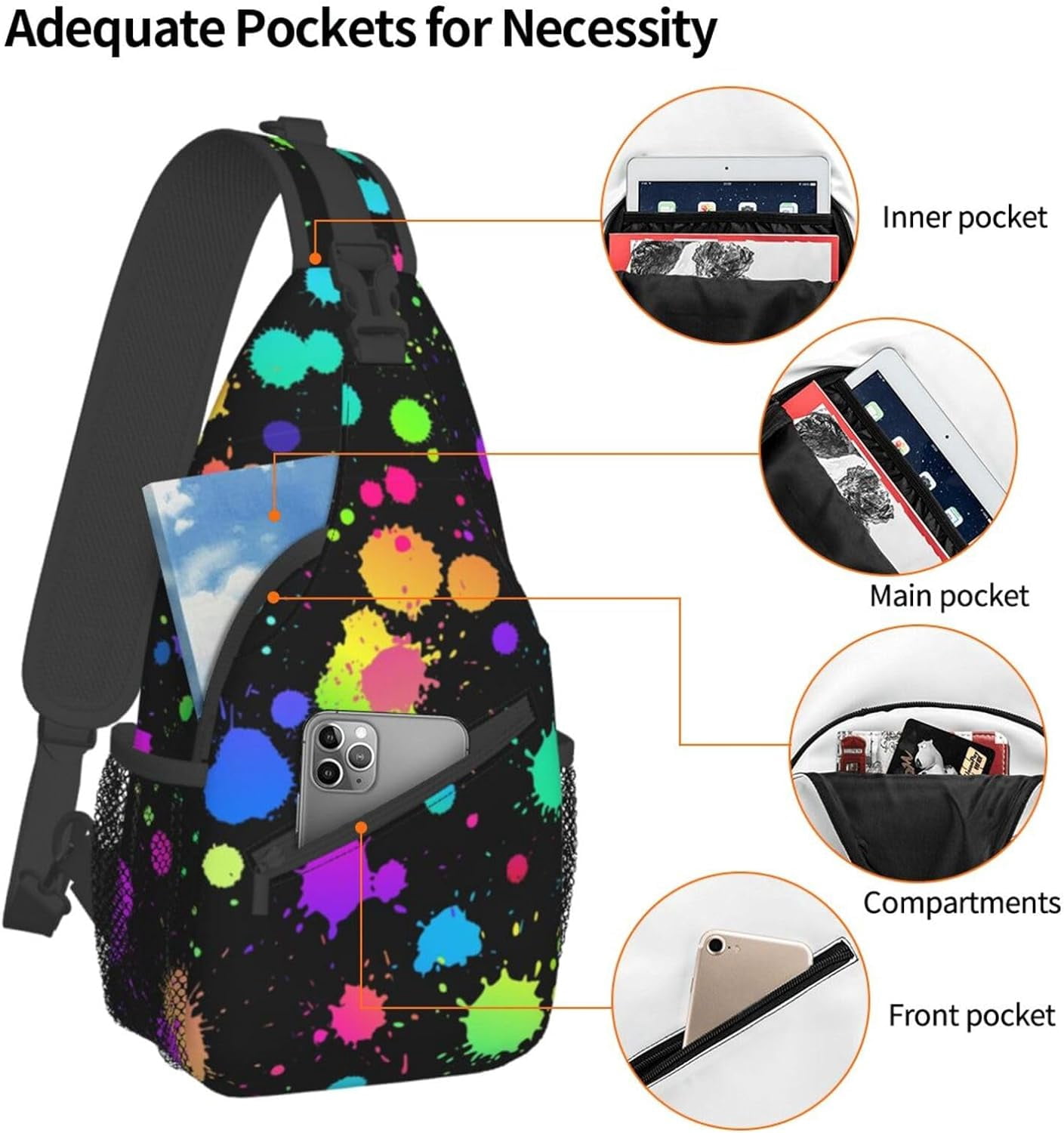 Glow in Dark Splatter Neon Rainbow Pattern Sling Bag Crossbody Hiking Travel Chest Bags Backpack Shoulder Daypack for Women Men