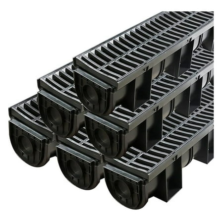 Trench Drain System, with Plastic Grate, 6 Pack Garden Drain with 6 End , 5.9x5.1-Inch HDPE Channel Drainage for Garden Driveway Yard Pool Sidewalk Patio