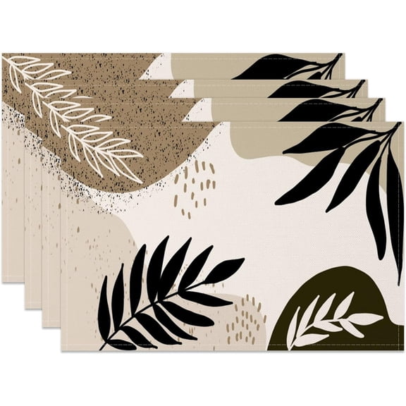 Mid Century Placemats 12x18 Inches Set of 4, Boho Black Beige Tropical Leaf Decorative Rectangle Modern Abstract Black Table Mats for Party Home Kitchen Dining Table Decoration