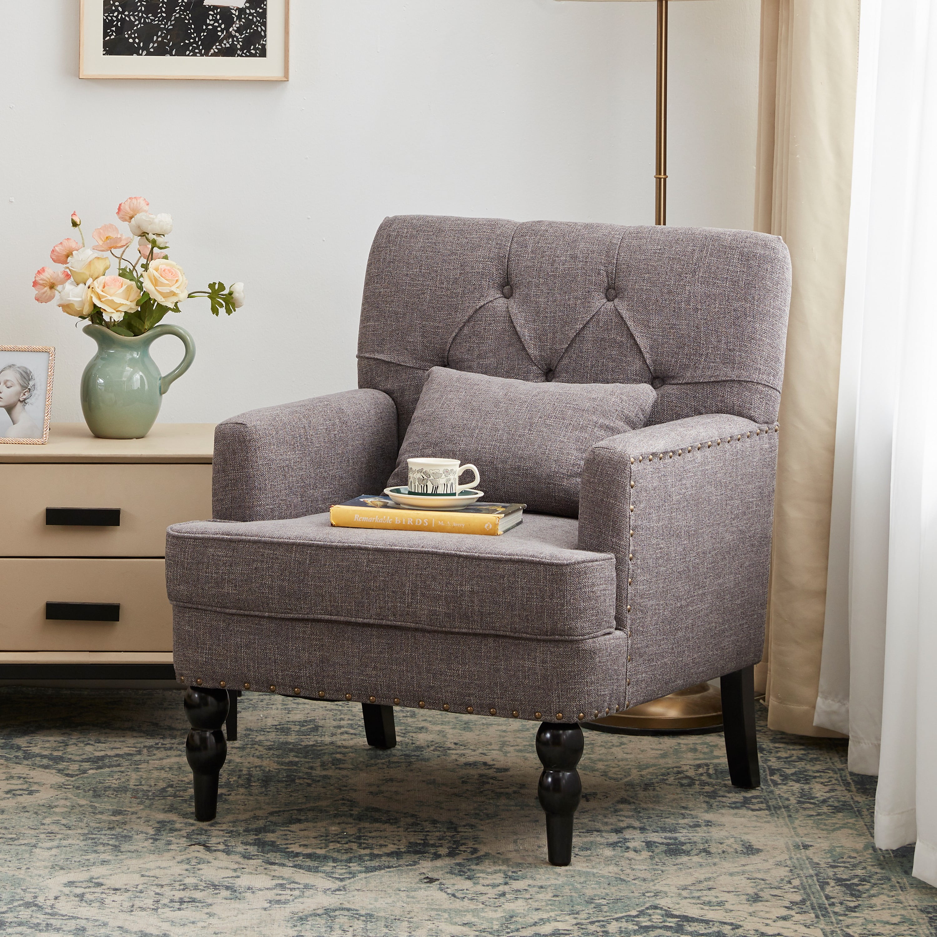 HUIMO Arm Chair with Ottoman,Upholstered Button Tufted Accent Chair