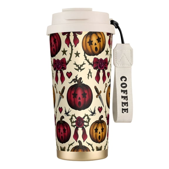 Pumpkin Tumbler 18oz Spooky Candy & Bat Pattern Print, Fun Halloween Party Favor Travel Mug