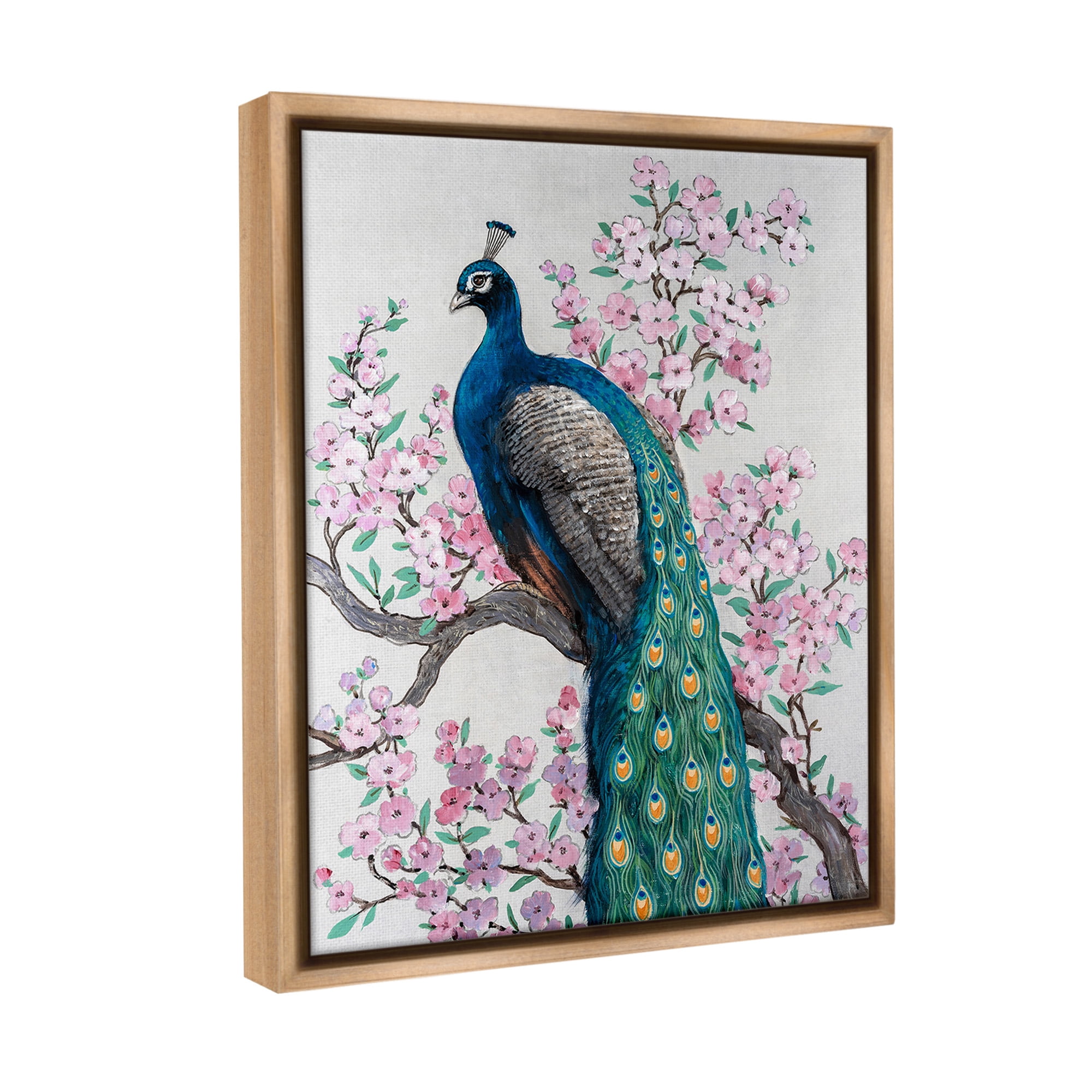 Stupell Industries Peacock & Cherry Blossoms Animals & Insects Painting Brown Floater Framed Canvas Art Print Wall Art, 25 x 31