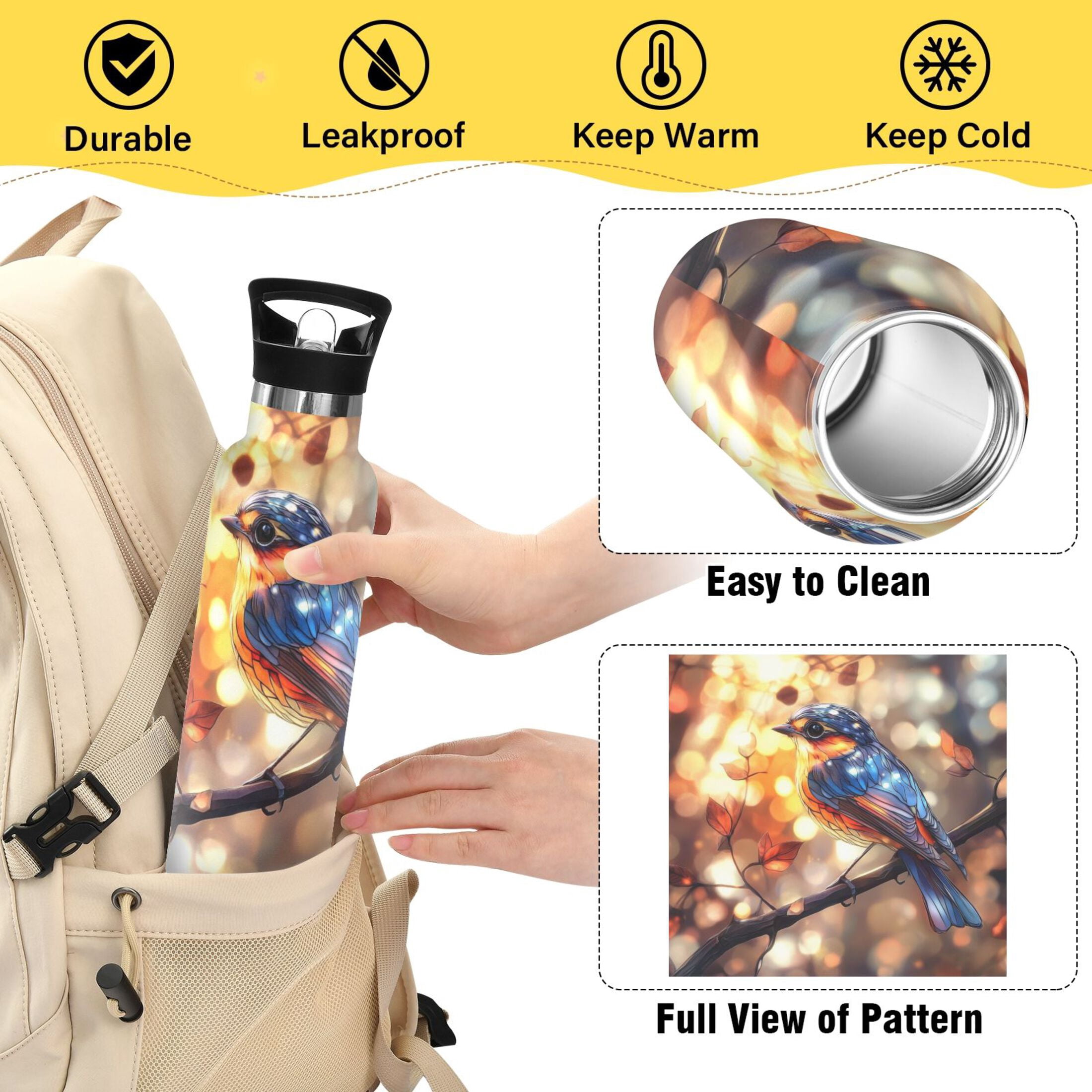 Kids Insulated Stainless Steel Sports Water Bottle 600ml (20oz), BPA-Free Colorful Beautiful Bird