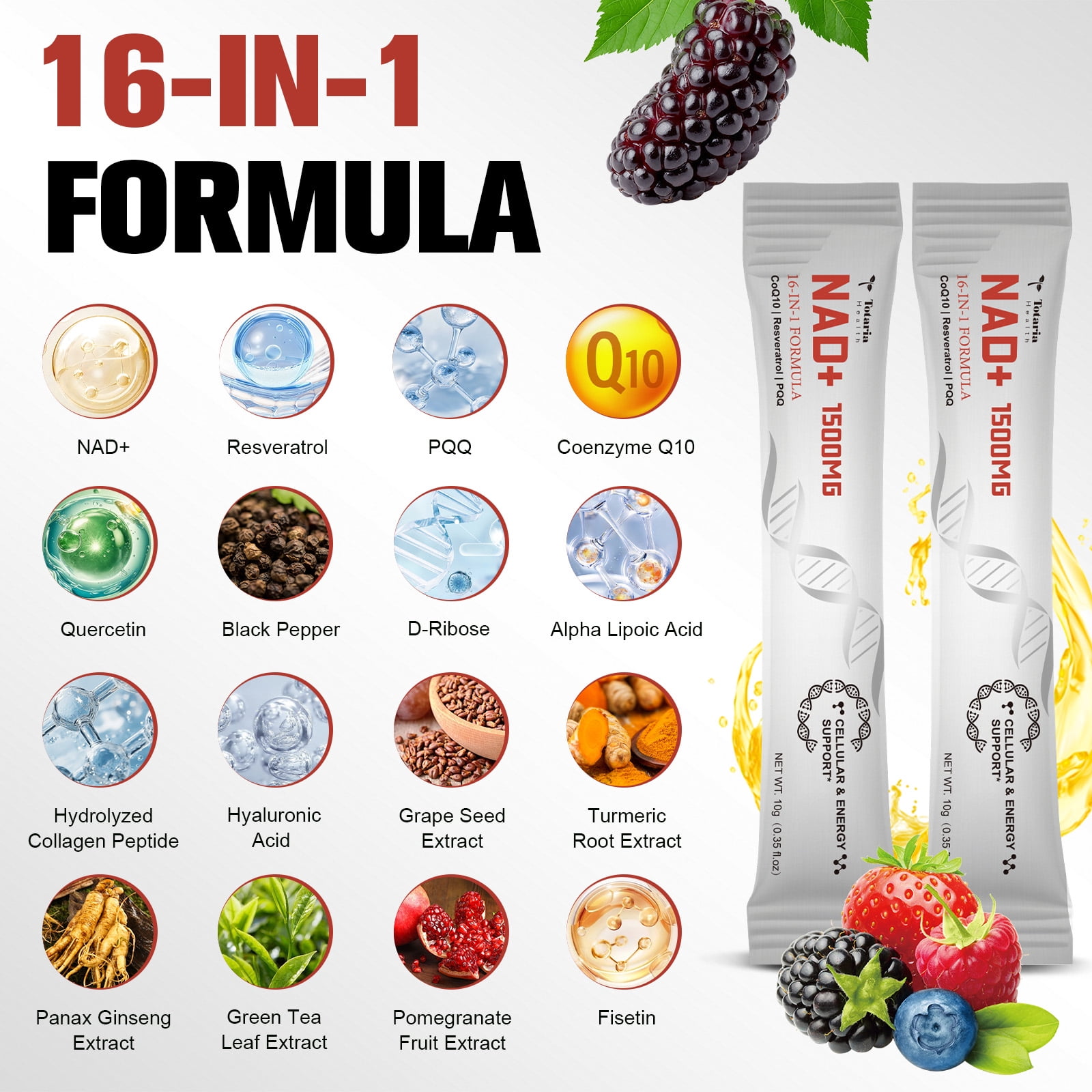 Totaria NAD+ Liquid Supplement 1500mg, 16-in-1 Formula, Berry Flavor, Supports Cellular Energy & Focus, 30 Single-Serve Packets, Gluten Free