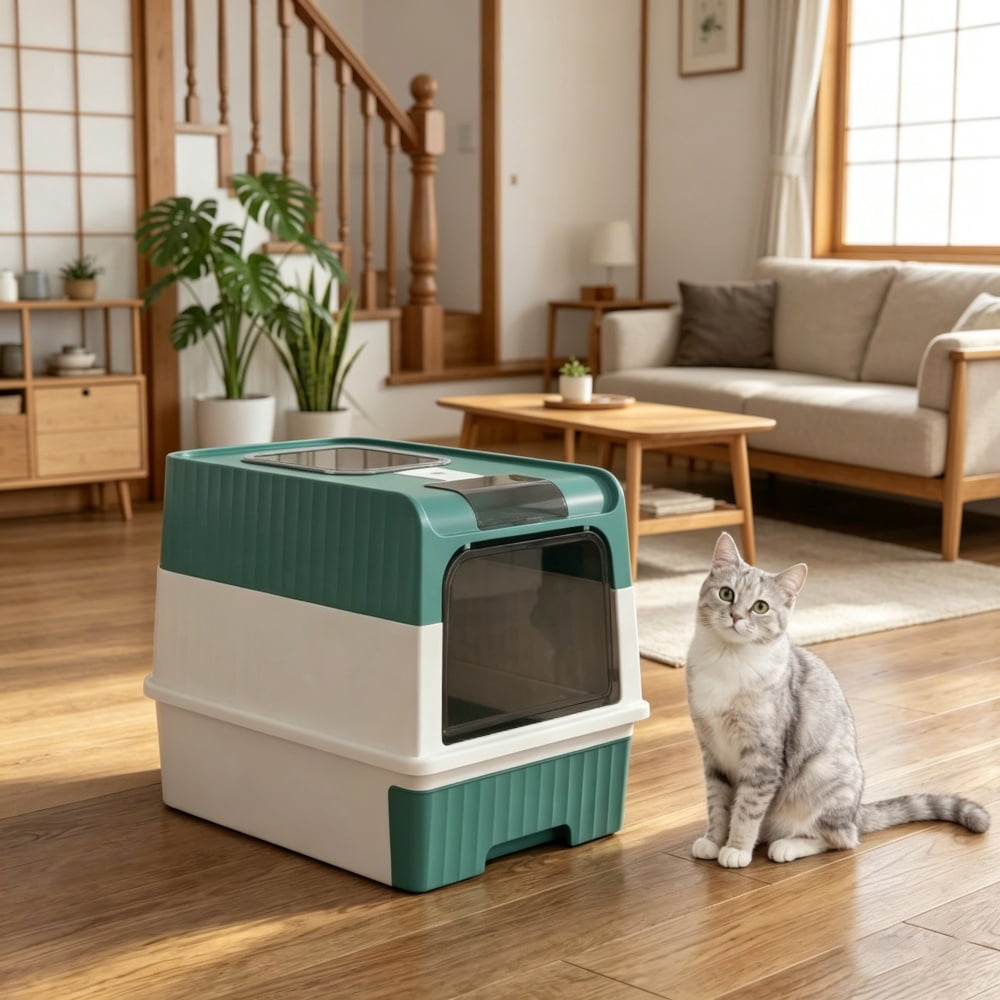 ZephyPaws Upgraded Fully Enclosed Cat Litter Box with Lid,Covered Cat Box Enclosure,Anti-Splashing Easy to Clean Kitty Litter Boxes with Drawer, can Use from Kitten to Adult(White Green)