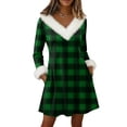 thumbnail image 2 of Women's Knit Dress Long Sleeve V-Neck Flannel Plaid Print Knee Length Dress with Pockets for Fall Casual Loungewear,Dark Green,L, 2 of 6
