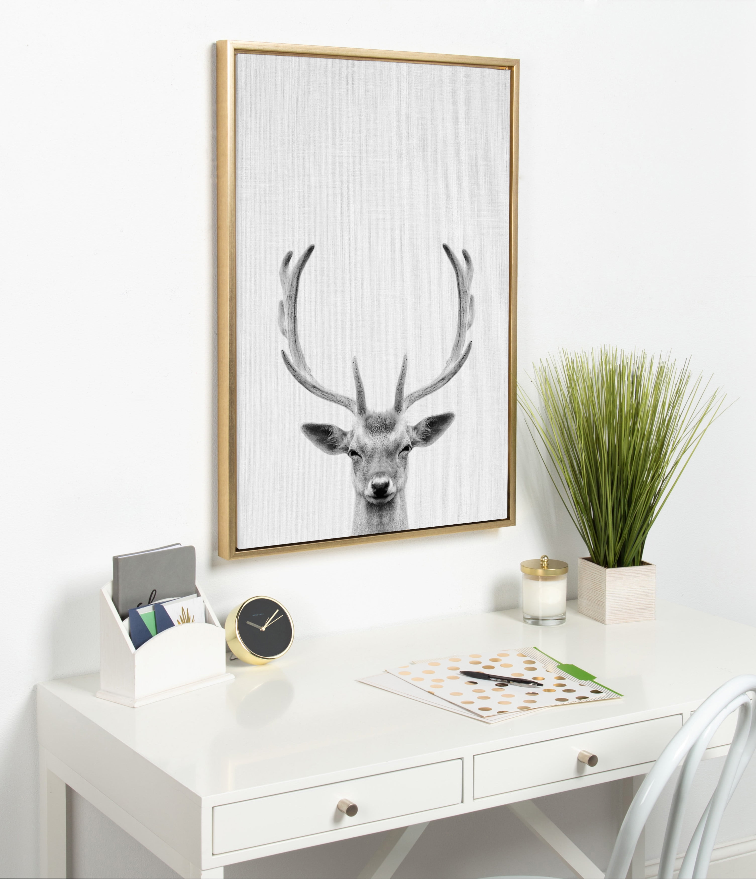 Kate and Laurel Sylvie Deer with Antlers Black and White Portrait Framed Canvas Wall Art by Simon Te Tai, 23x33 Gold