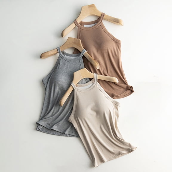 Built in Bra Camisole, Baberdicy Women's Padded Camisoles Built in Bra Sleeveless Solid Color Casual Layering Tank Tops One Piece Vest Top, Beige L