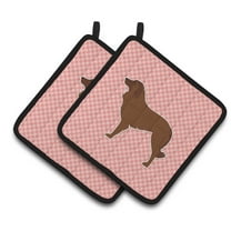 Portuguese Sheepdog Dog Checkerboard Pink Pair of Pot Holders
