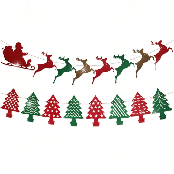 Christmas Banner Decorations - 2-Pack Reindeer Sleigh & Tree Silhouette Hanging Decor for Indoor Outdoor Party, Balcony, Home