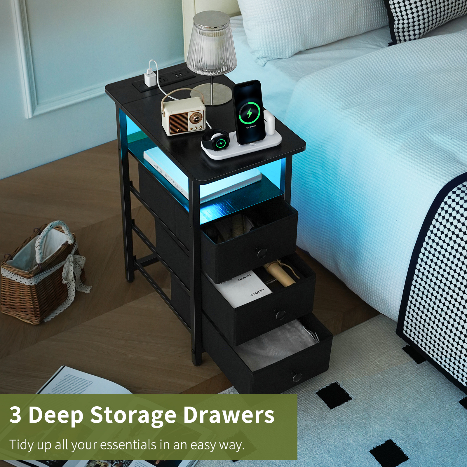 HomeYoobure Nightstand with LED Charging Station, Black photo 5