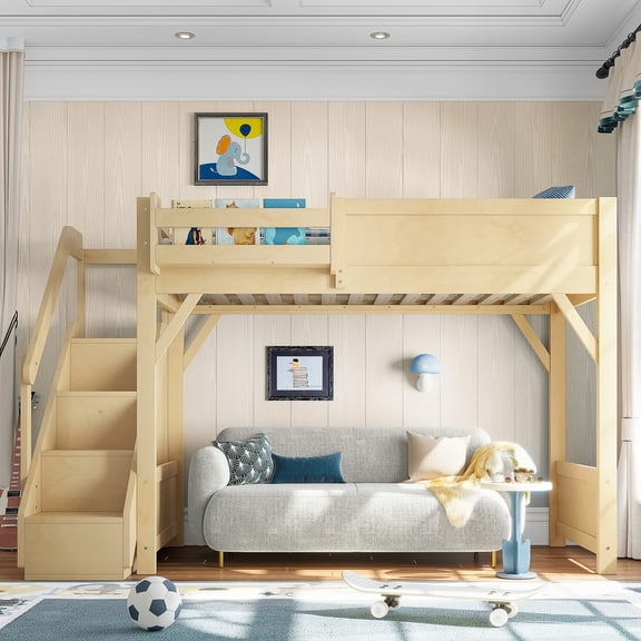 HICOMILA Twin Size Loft Bed with Built-in Wardrobe Storage Space, Solid Wood Loft Bed with Beside Shelves Full-length Guardrails and Stairs, No Box Spring Needed, Natural