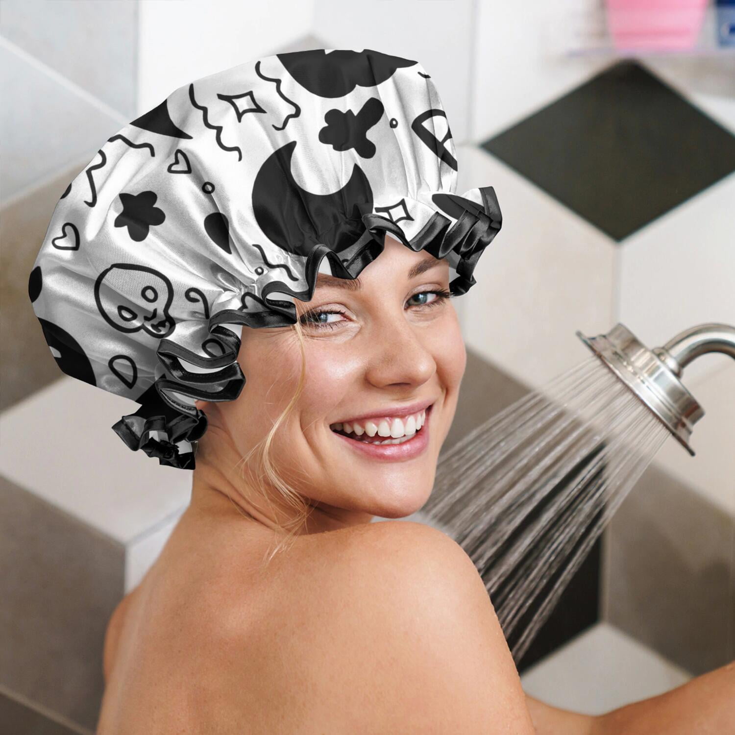 Shower Caps,Black and White Halloween Doodle Pattern Waterproof Shower Cap for Women 4 Pieces,Double Reusable Hair Cover for Shower PEVA Elastic Stretch Hem