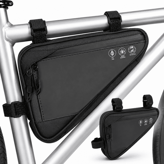 Bike Frame Storage Bag,Water Resistant Reflective Bicycle Triangle Bag with Two Side Pockets,Strap-On Under Seat Tool Accessories Pouch for Mountain Road Bike Trip (1.5L)