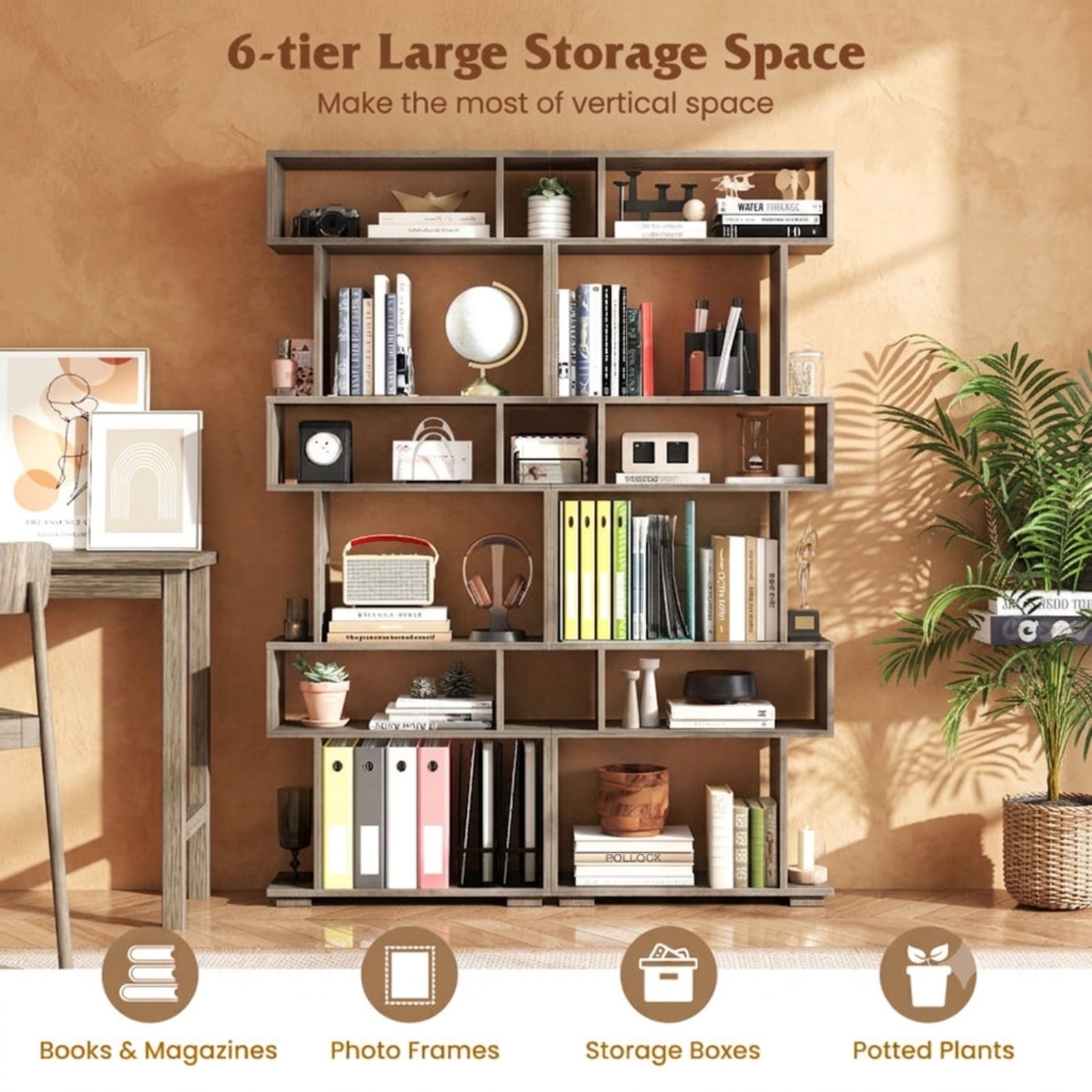 Furnibear 6-Tier Geometric Bookshelf with 2 Anti-Tipping Kits for Home Office for Living Room Home Office Bedroom Display Storage Shelf, Oak