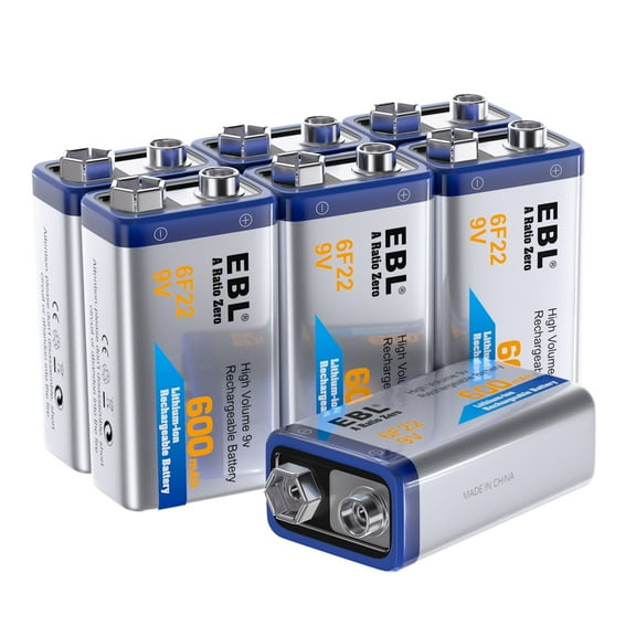 EBL Lithium-Ion 9V Rechargeable Batteries 600mAh, 7 Pack