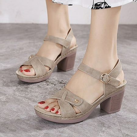 

KBODIU Sandals Women Athletic Comfortable Outdoor Sandals with Arch Support Walking Sandals Sandals Casual Imitation Wood Thick High Heel Elegant Buckle Vintage Roman Beige 36