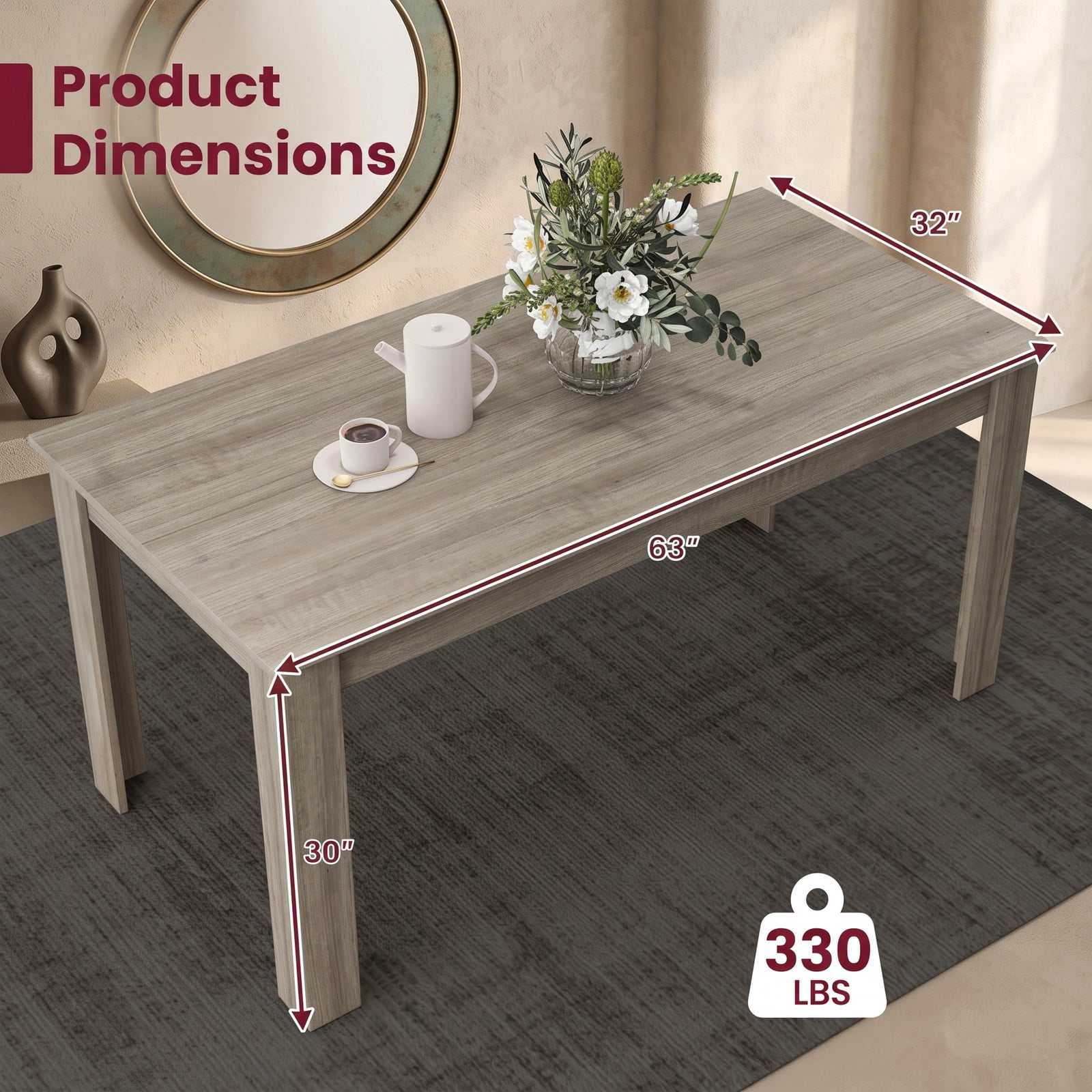 Furnibear 63 Inch Rectangular Modern Dining Table, Engineered Wood Kitchen Table for 6, Spacious Rectangle Dinner Table with Sturdy Wood Legs for Dining, Light Gray