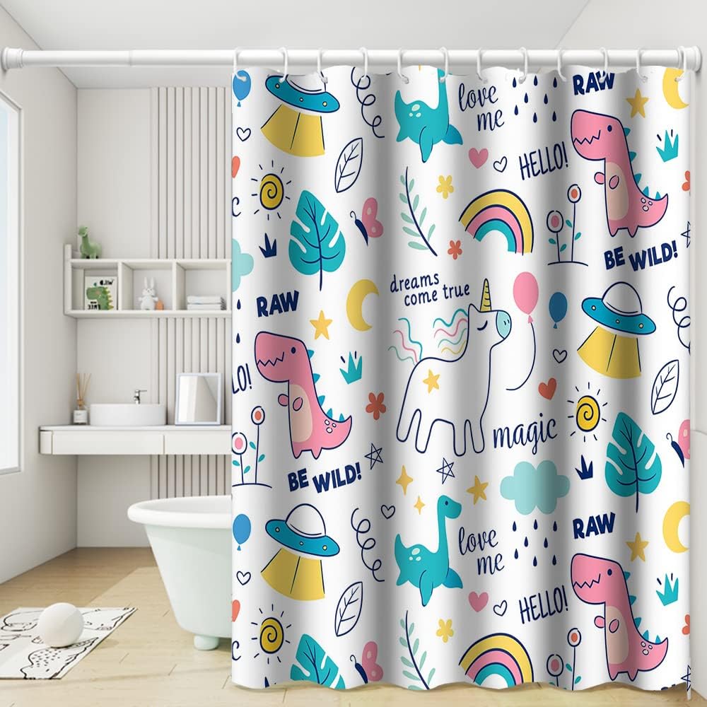 Dreamy Theme Bathroom Shower Curtain Cartoon Dino Dinosaur Rainbow Magical Shower Curtain with Hooks Waterproof Fabric Polyester Shower Curtain for Kids Girls Bath Decorative, 72x84 Inch