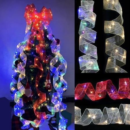 

NUZYZ LED Christmas Ribbon Double-layers Tulle Wired Warm/Colorful Lighting Battery Powered Scene Layout Pendant Xmas Tree Ornament Ribbon String Lamp for Party